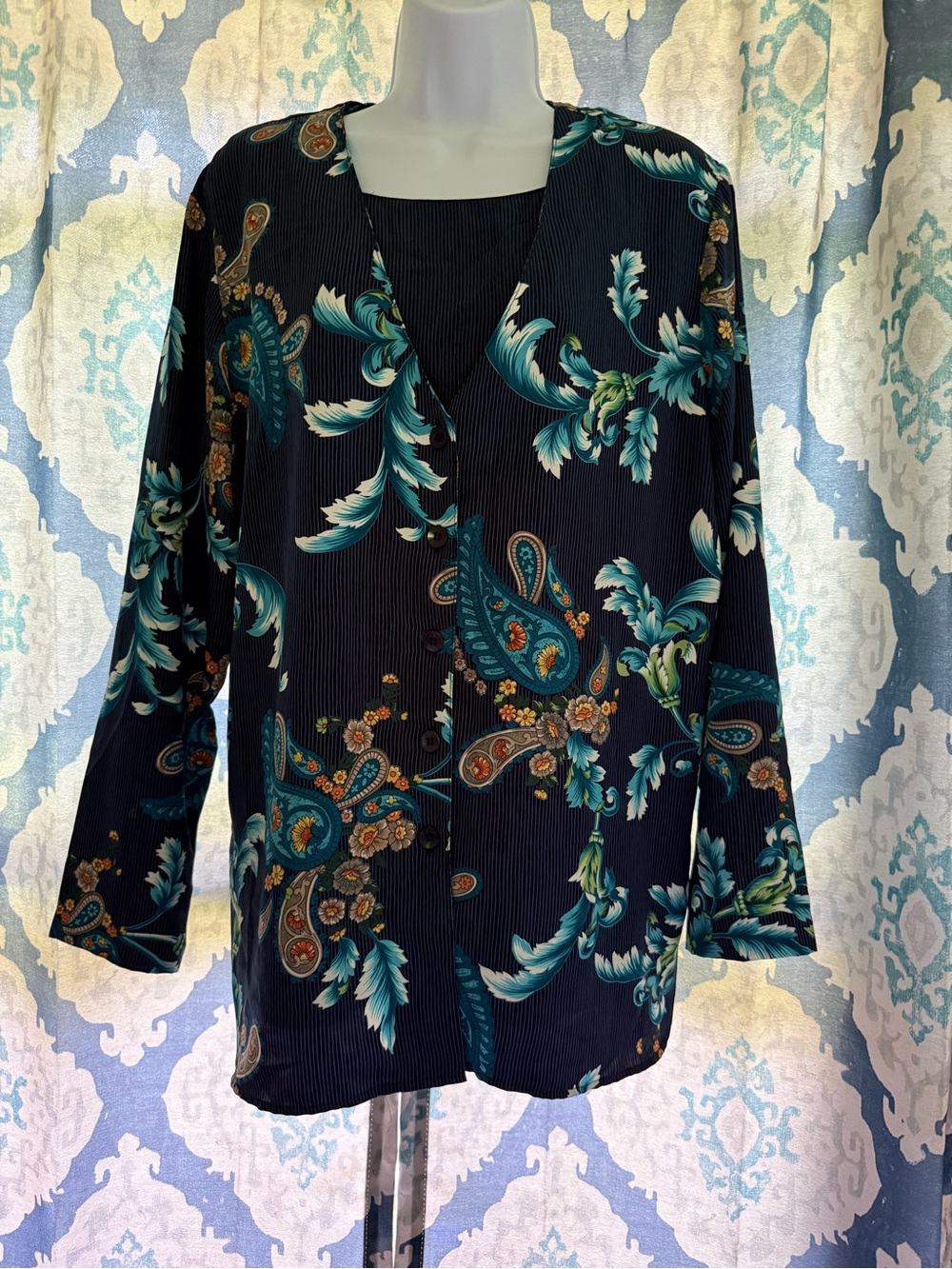 Alfred Dunner Blue Striped Teal Gold Paisley Floral Blouse 14 Grandmacore